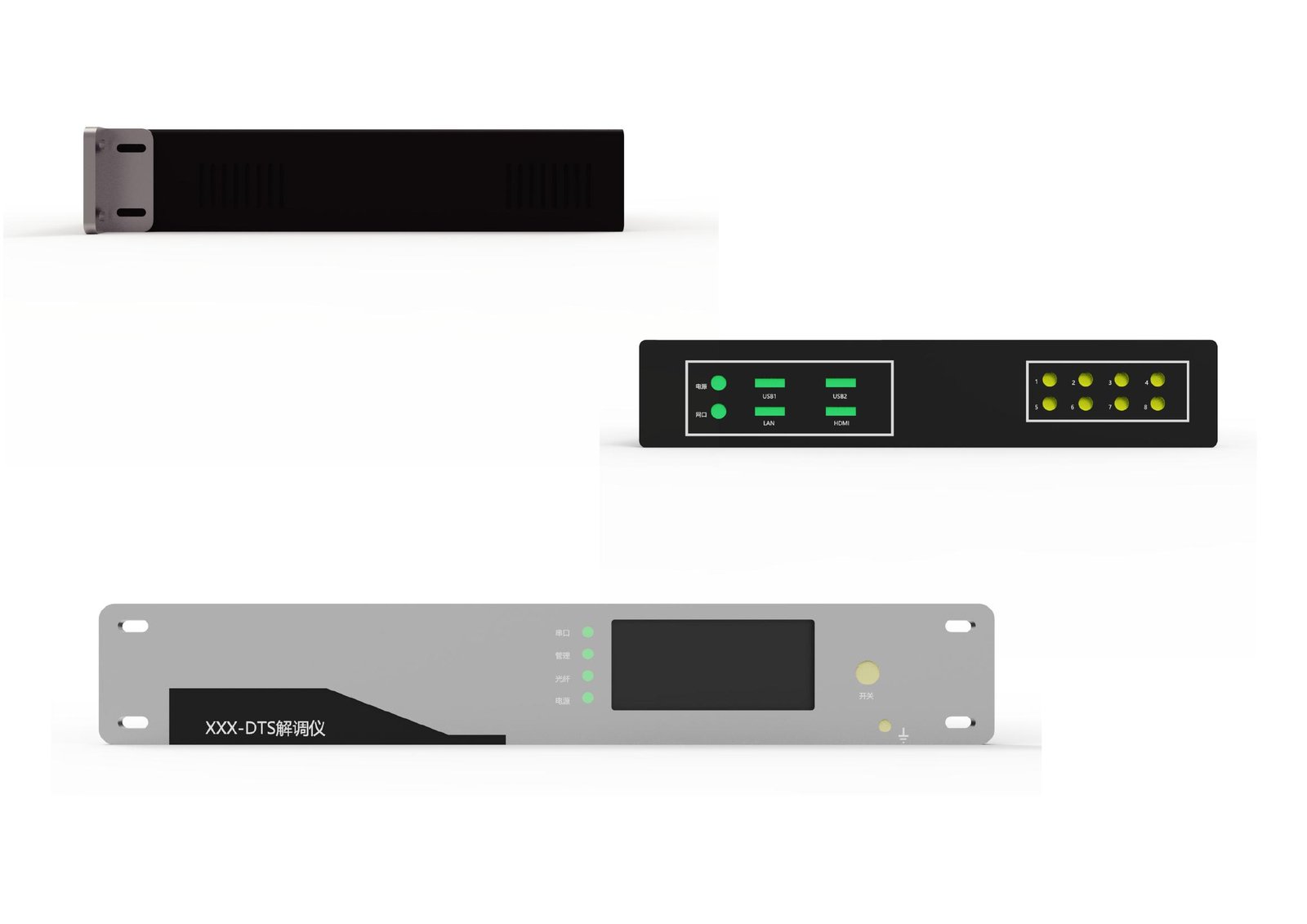 Rendered front panel design showing connector and indicator light layout for a rack-mount interrogator unit