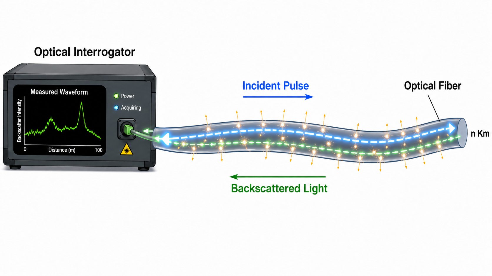Diagram showing a laser pulse travelling down an optical fiber, generating backscattered light that returns to an optical interrogator for measurement