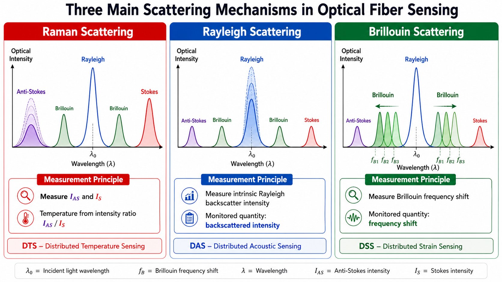 Diagram of the three main scattering mechanisms in optical fiber sensing — Raman scattering for DTS, Rayleigh scattering for DAS, and Brillouin scattering for DSS — showing optical intensity spectra and measurement principles for each